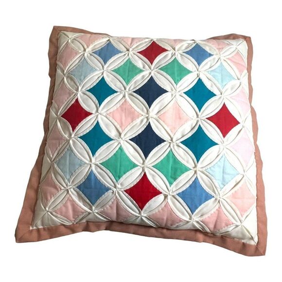 Handmade Multicolor Cathedral Window Quilt Throw Pillow 13” Square Vintage Retro - Picture 1 of 3